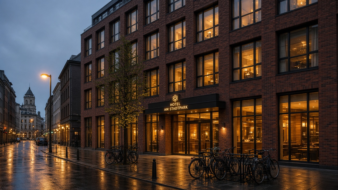 Abendliche Ansicht eines Stadthotels mit beleuchteten Fenstern