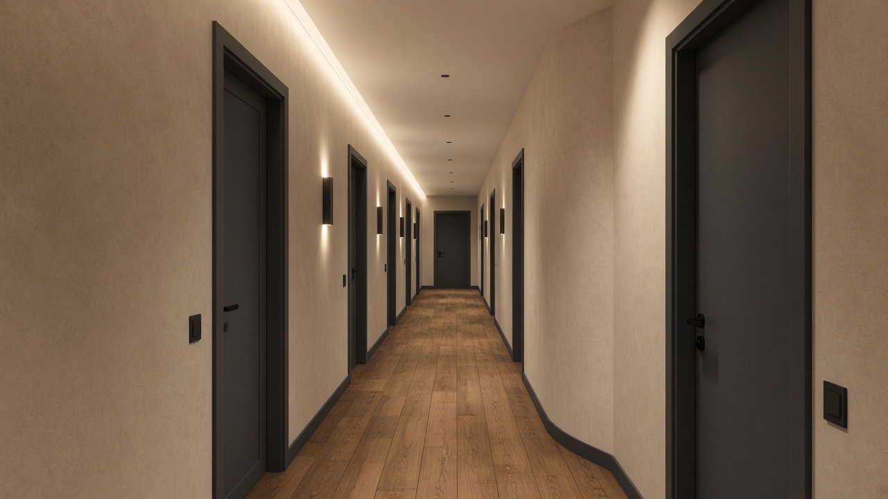 Ruhiger Hotelkorridor mit warmem Licht im Felaper